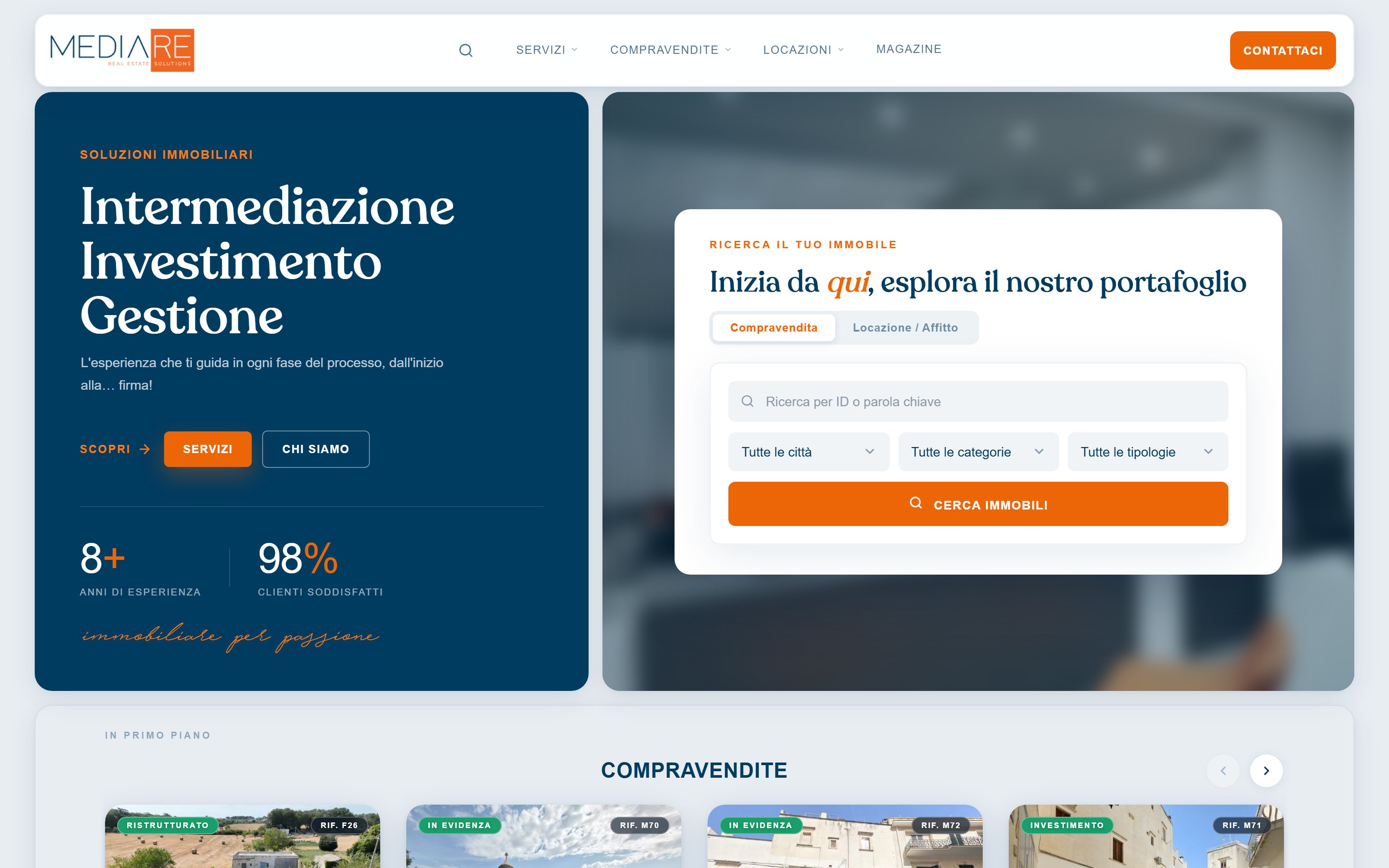 La homepage di MediaRE di adesso: presentazione a sinistra, ricerca a destra, schede in evidenza sotto.